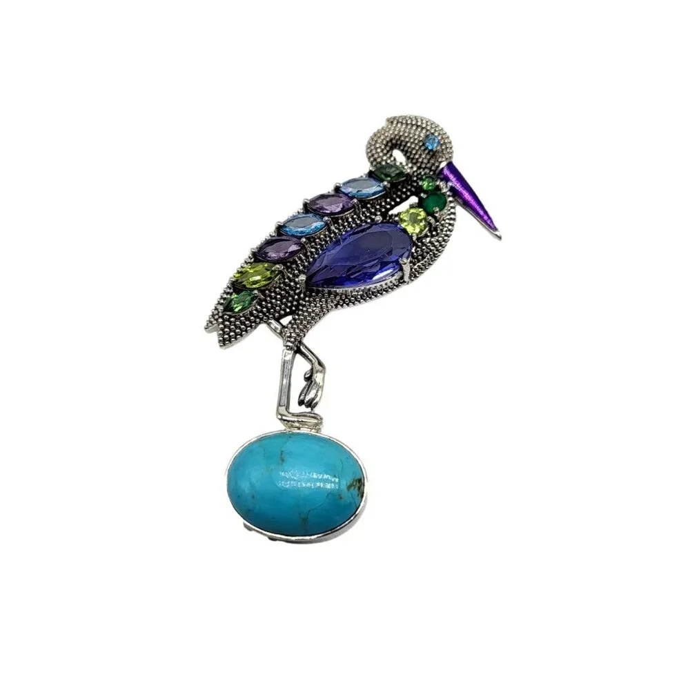 Nicky Butler Rare Heron Brooch Pendant Turquoise & Gemstone .925 Sterling SIlver - Picture 10 of 12